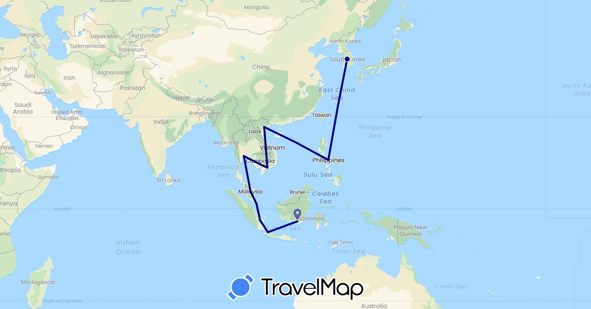 TravelMap itinerary: driving in Indonesia, Cambodia, South Korea, Malaysia, Philippines, Singapore, Thailand, Vietnam (Asia)